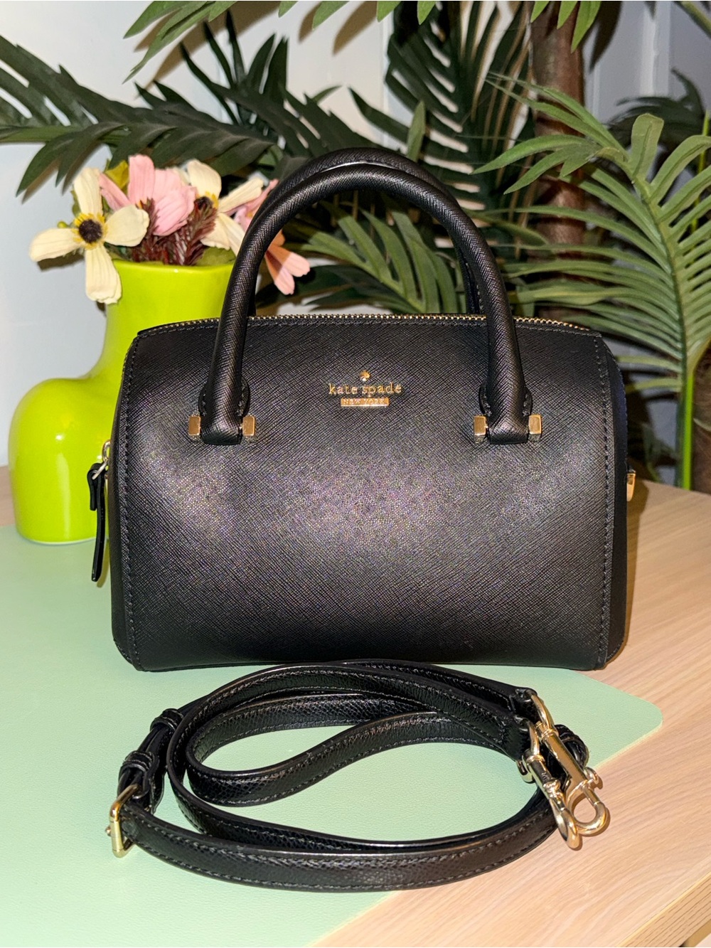 Kate Spade Black Saffiano Leather Dome Satchel with Strap